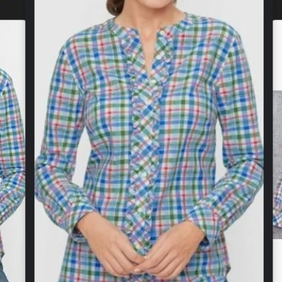 Talbots Ruffle Button Front Shirt - Picnic Plaid Large - Picture 1 of 10